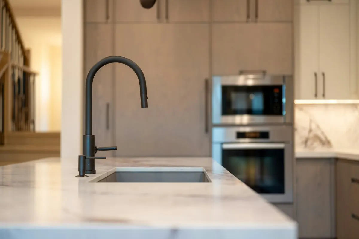 Matte black pull-down faucet over an undermount sink in a marble kitchen island